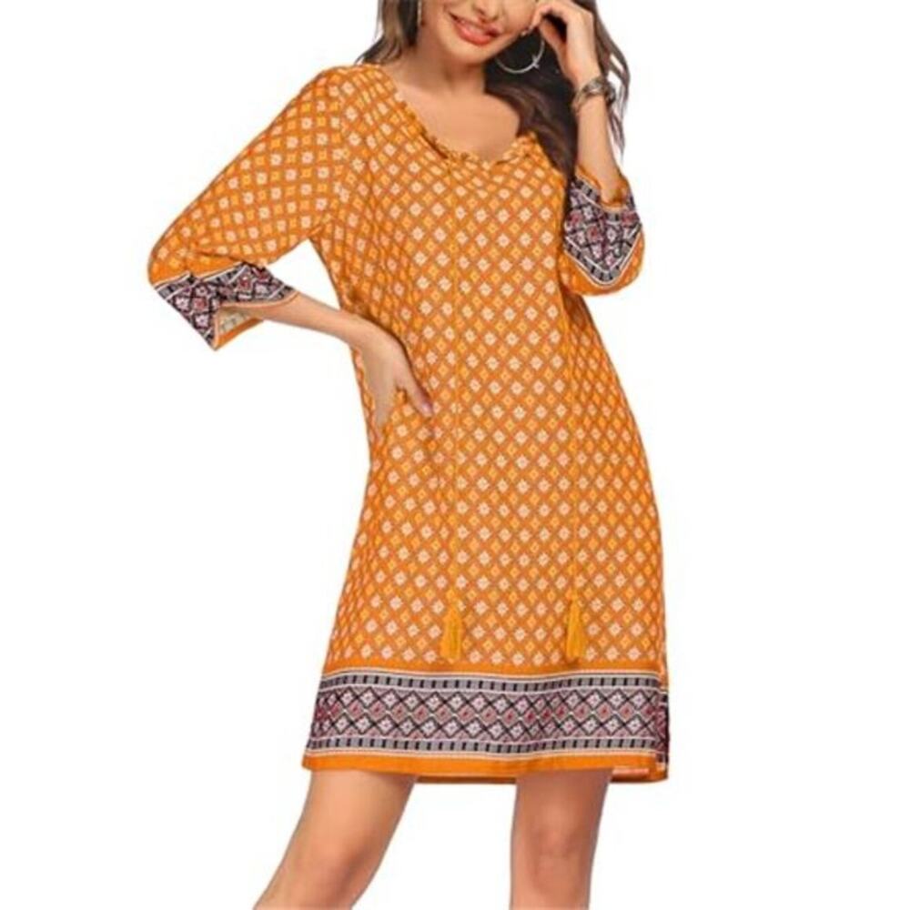 Women’s Yellow Boho Beach Dress Tassel Tie Neck 3/4 Sleeve Summer Tunic